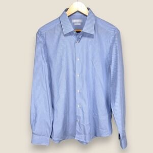 Cortigiani Slim Fit Dress Shirt Men 42 16.5 Blue White Striped 100% Cotton